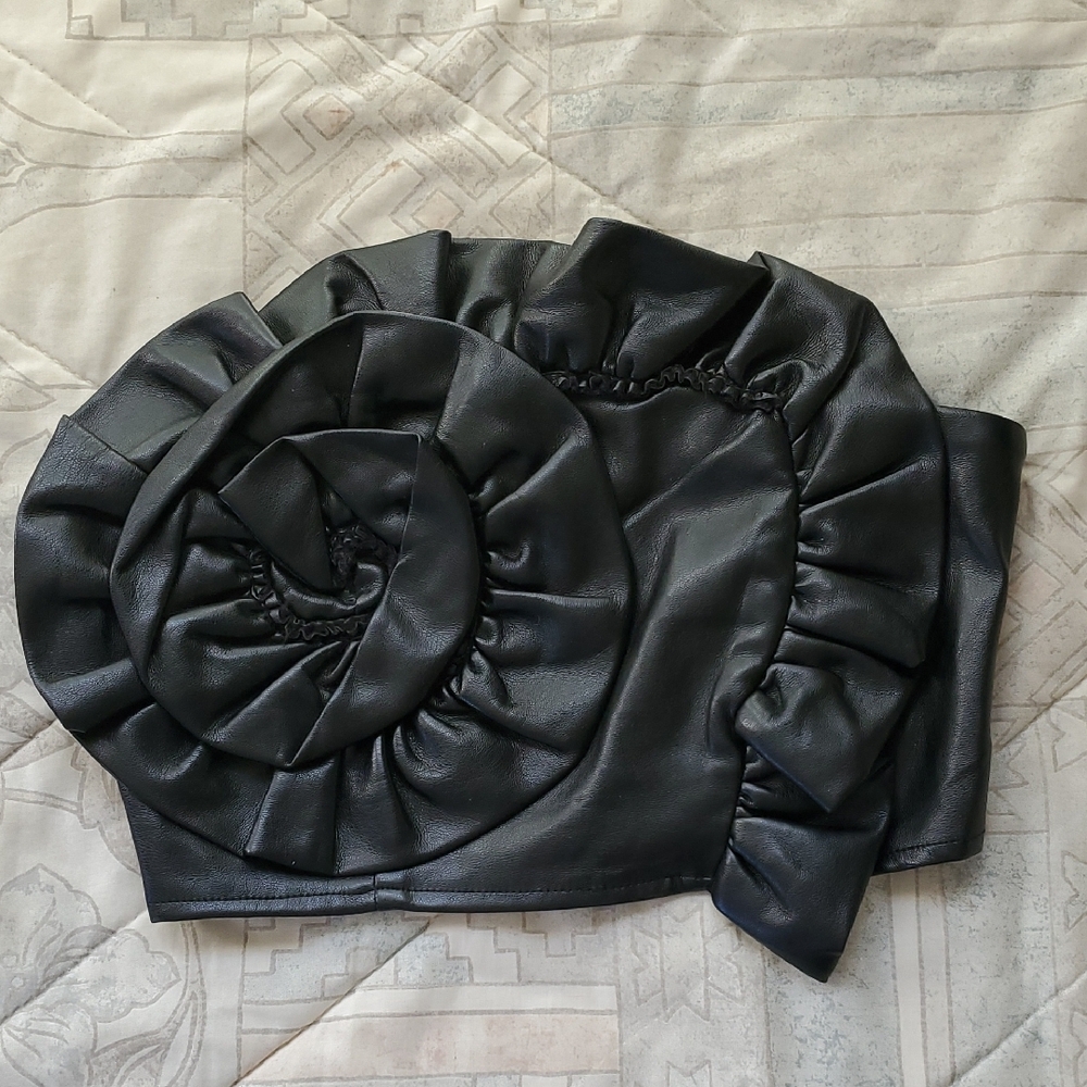 Faux Leather Ruffled ROSETTE Strapless Top